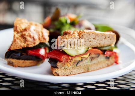 Healthy Vegetarian Sandwich On Plate In Coffee Shop Stock Photo