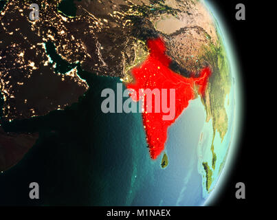 Early morning view of India highlighted in red on planet Earth. 3D illustration. Elements of this image furnished by NASA. Stock Photo