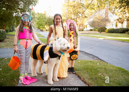 Children And Dog In Halloween Costumes For Trick Or Treating Stock Photo