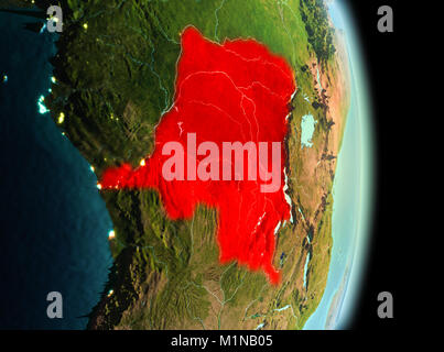 Early morning view of Democratic Republic of Congo highlighted in red on planet Earth. 3D illustration. Elements of this image furnished by NASA. Stock Photo