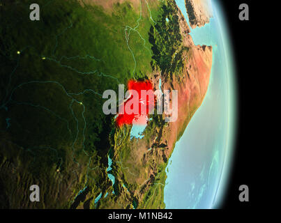 Early morning view of Uganda highlighted in red on planet Earth. 3D illustration. Elements of this image furnished by NASA. Stock Photo