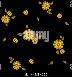 Gold flower embroidery seamless pattern. Fashion decoration stitched texture template. Ethnic traditional daisy field plant leaves textile print design vector illustration Stock Vector