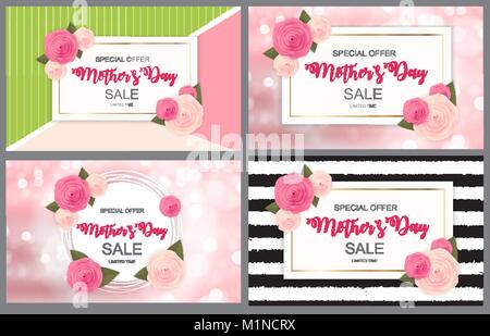 Cute Sale Background with Flowers. Collection Set of Cards.  Vector Illustration Stock Vector