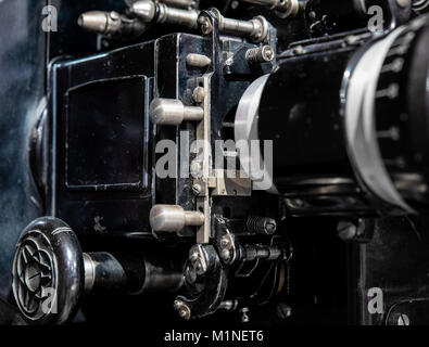 Macro close up of retro vintage movie projector 35mm for big cinema machinery detail Stock Photo