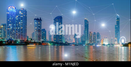 City of bangkok at sunset and business network connections concept / Panorama Stock Photo