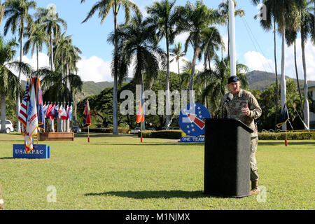 Gen. Robert B. Brown, Commanding General of U.S. Army Pacific, highlights Maj. Gen. Charles A. Flynn’s time at USARPAC during a ceremony Jan. 29 at historic Palm Circle on Fort Shafter, Hawaii. Maj. Gen. Charles A. Flynn served as the USARPAC DCG-South Since Aug. of 2016. Stock Photo