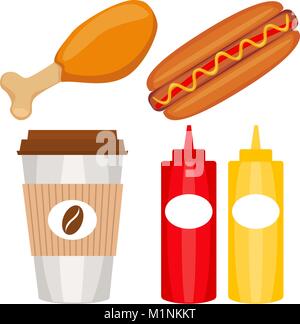 Colorful fast food icon set poster. Stock Vector