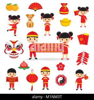 Happy chinese new year decoration traditional symbols set with characters and icons elements isolated on white background. Stock Vector