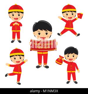 Happy chinese new year boy in traditional clothes celebrate. Set of character cartoon isolated on white background. Stock Vector