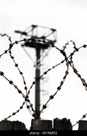 Barbed wire on the fence area with restricted access. Stock Photo