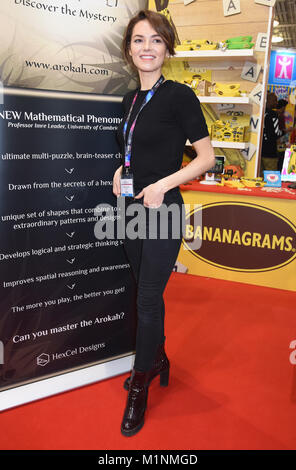 Kara Tointon,Demostration of new puzzle game'Arokah',Toy Fair 2018,Olympia,Kensington,London UK Stock Photo