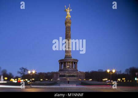 The Victory Column in Berlin at the Great Star with the Statue of the Victoria on top of it, Germany,  23.11.2017. (long time exposure with tilt-shift lens) | usage worldwide Stock Photo