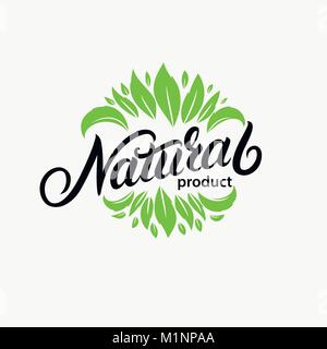 Natural hand written lettering logo, emblem with leaves Stock Vector