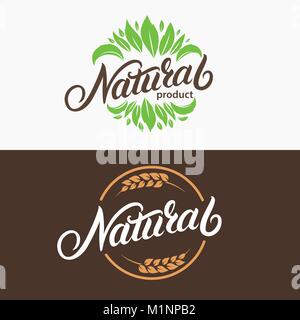 Set of Natural hand written lettering logo, emblem with leaves and ears of wheat for organic food, cosmetic. Isolated on background. Vector illustrati Stock Vector