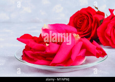 Rose petals on a glass saucer on a gray table Stock Photo