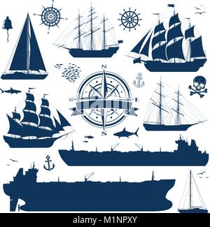 Set of sailing ships, yachts and tankers Stock Vector