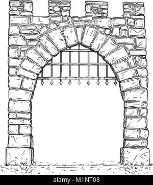 Cartoon Vector of Open Stone Medieval Decision Gate with Iron Bars Stock Vector
