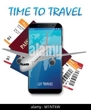Air travel international vacation concept. Business travel banner with airline tickets and realistic airplane. Travel agency advertisement airplane poster. Vector illustration Stock Vector