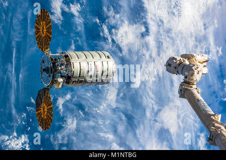 The Cygnus spacecraft is an American automated cargo. It was developed Orbital ATK. The Canadarm is extending to get a grip of the ship. This image el