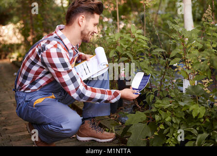 Farmer reading a label's vegetable Stock Photo