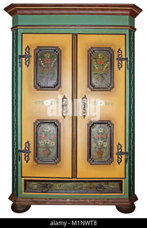 Vintage painted wooden wardrobe isolated with Clipping Path on white background Stock Photo