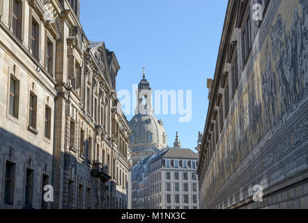 View of Augustus Street from George Gate towards Frauenkirche church in light of evening winter sun, Dresden, Saxony, Germany.