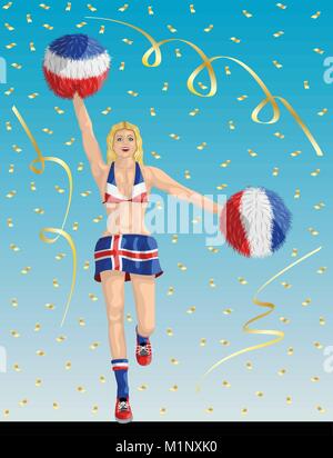 “Icelander Cheerleader of Iceland Fans” Cheerleader girl, confetti papers and background are in different layers. Stock Vector