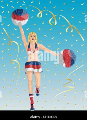 “Serbian Cheerleader of Serbia Fans” Cheerleader girl, confetti papers and background are in different layers. Stock Vector