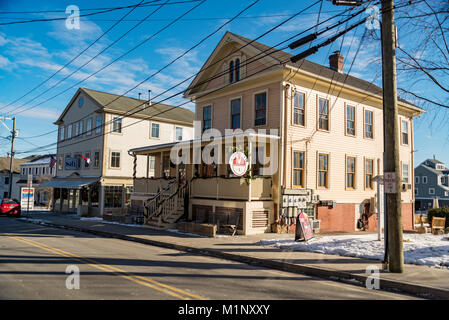 MYSTIC, CT - DECEMBER 17: cute buildings and shops downtown Mystic, on December 17, 2017 in Mystic, CT USA Stock Photo