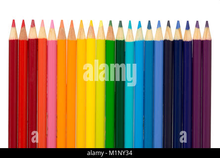 A group of color pencils arranged in the color scheme of a rainbow- red, orange, yellow, green, blue indigo, and violet. Stock Photo