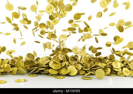 Falling golden dollar sign coins on white background Stock Photo