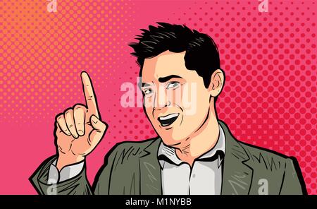 Businessman or funny guy pointing finger pop art retro. Cartoon vector illustration Stock Vector