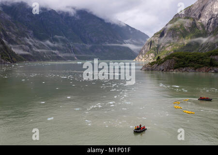 Kayak expedition preparations, Tracy Arm Fjord, clearing mist, icebergs and cascades, near South Sawyer Glacier, Alaska, USA, North America Stock Photo