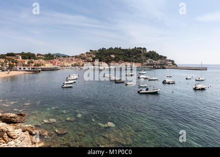 Boats moored in the harbor, Porto Azzurro, Elba Island, Livorno Province, Tuscany, Italy, Europe Stock Photo