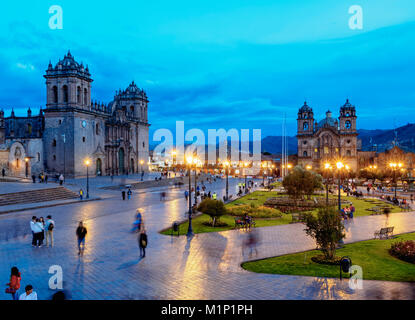 Main Square at twilight, Old Town, UNESCO World Heritage Site, Cusco, Peru, South America Stock Photo