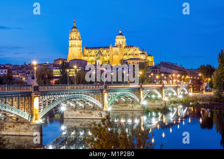 Cathedral with bridge over Tormes river,Salamanca,Castile and Leon,Spain Stock Photo