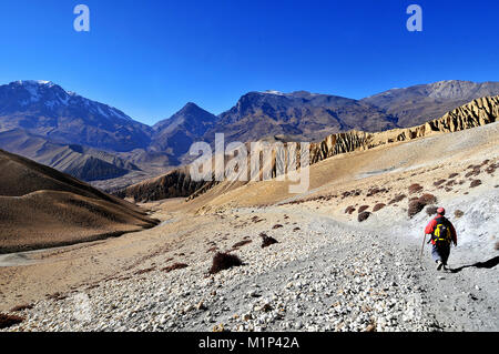 Trekker in Mustang, Nepal, Himalayas, Asia Stock Photo