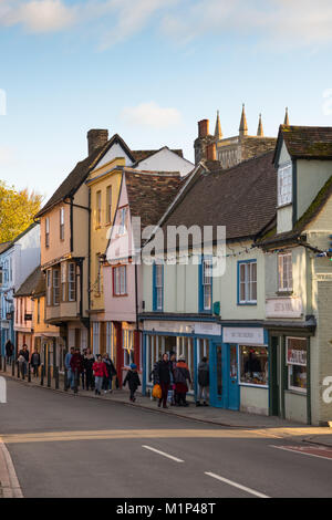 Multicoloured rickety old shops, pubs and cafes on Bridge Street, Cambridge, Cambridgeshire, England, United Kingdom, Europe Stock Photo