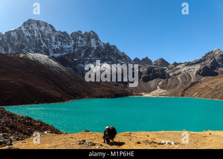 Himalayas. Gokyo Ri, Mountains of Nepal, snow covered high peaks and lake not far from Everest. Stock Photo