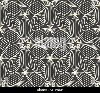 Minimalistic repeating linear flower pattern on grey background Stock Vector