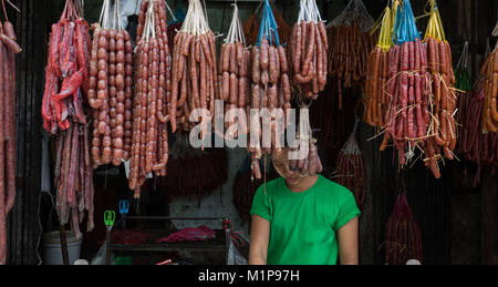 Sausages on sale in a  Yangon street, Myanmar Stock Photo
