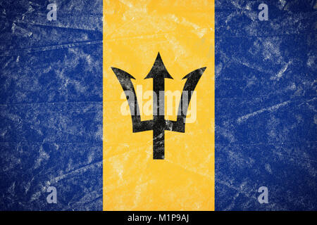 Realistic illustration of Barbados flag on torned, wrinkled, dirty, grunge paper poster. 3D rendering. Stock Photo