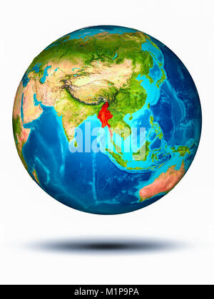 Myanmar in red on model of planet Earth hovering in space. 3D illustration isolated on white background. Elements of this image furnished by NASA. Stock Photo