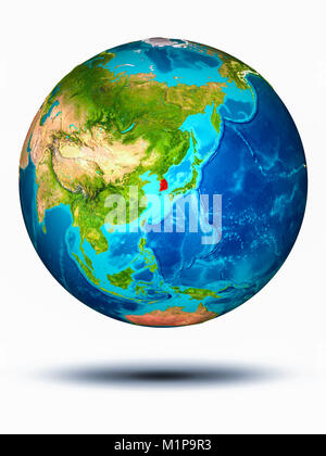 South Korea in red on model of planet Earth hovering in space. 3D illustration isolated on white background. Elements of this image furnished by NASA. Stock Photo