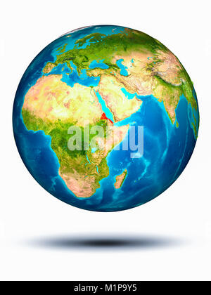 Eritrea in red on model of planet Earth hovering in space. 3D illustration isolated on white background. Elements of this image furnished by NASA. Stock Photo