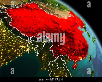 Early morning view of China highlighted in red on planet Earth with visible border lines and city lights. 3D illustration. Elements of this image furn Stock Photo