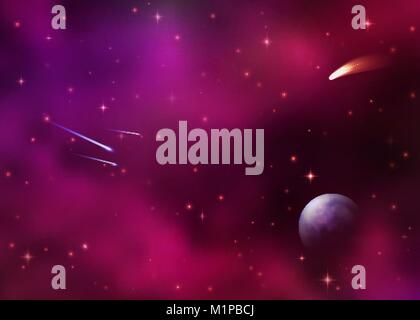 Cosmic galaxy background with colorful nebula, stardust and bright shining stars. Outer space with falling stars comet Earth planet starburst asteroid and meteor. Sky vector illustration of Universe. Stock Vector