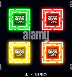 Neon light square set. Shining rectangle techno frame collection. Night club electric 3d banner on dark backdrop. Green red yellow orange abstract background with glow. Technology vector illustration. Stock Vector