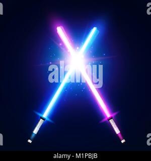 Two crossed light neon swords fight. Blue and purple crossing laser sabers war. Glowing rays in space. Battle elements with star, flash and particles. Colorful vector illustration. Stock Vector