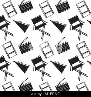 seamless pattern film movie chair megaphone and clapperboard vector illustration Stock Vector